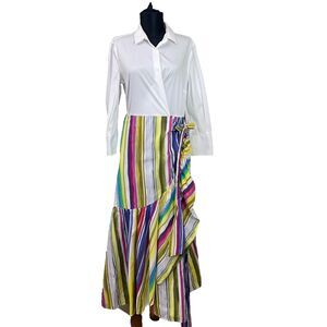 Sara Roka Madlyn Maxi shirt wrap dress 46/US 10 multicolor ruffle Italy pockets